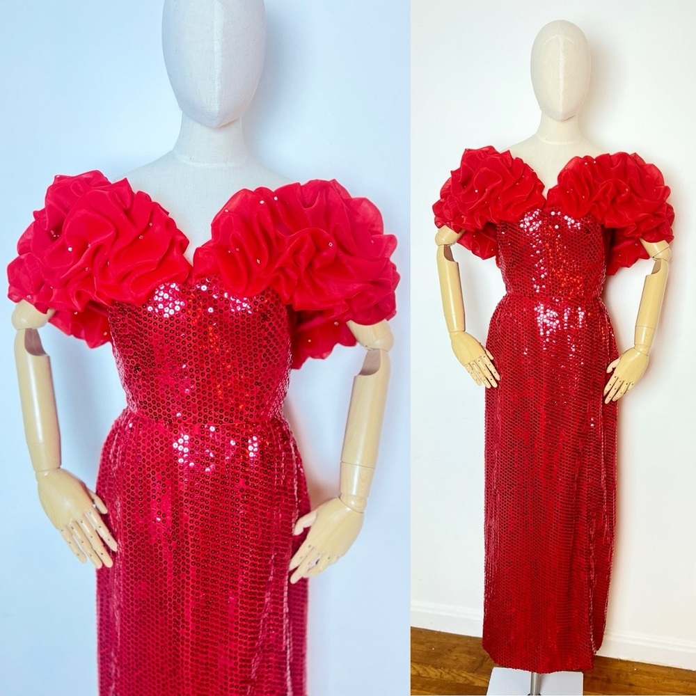 ROSE TAFT COUTURE 80’s 80s Vintage Organza Sequined Red Rhinestone Prom Dress M